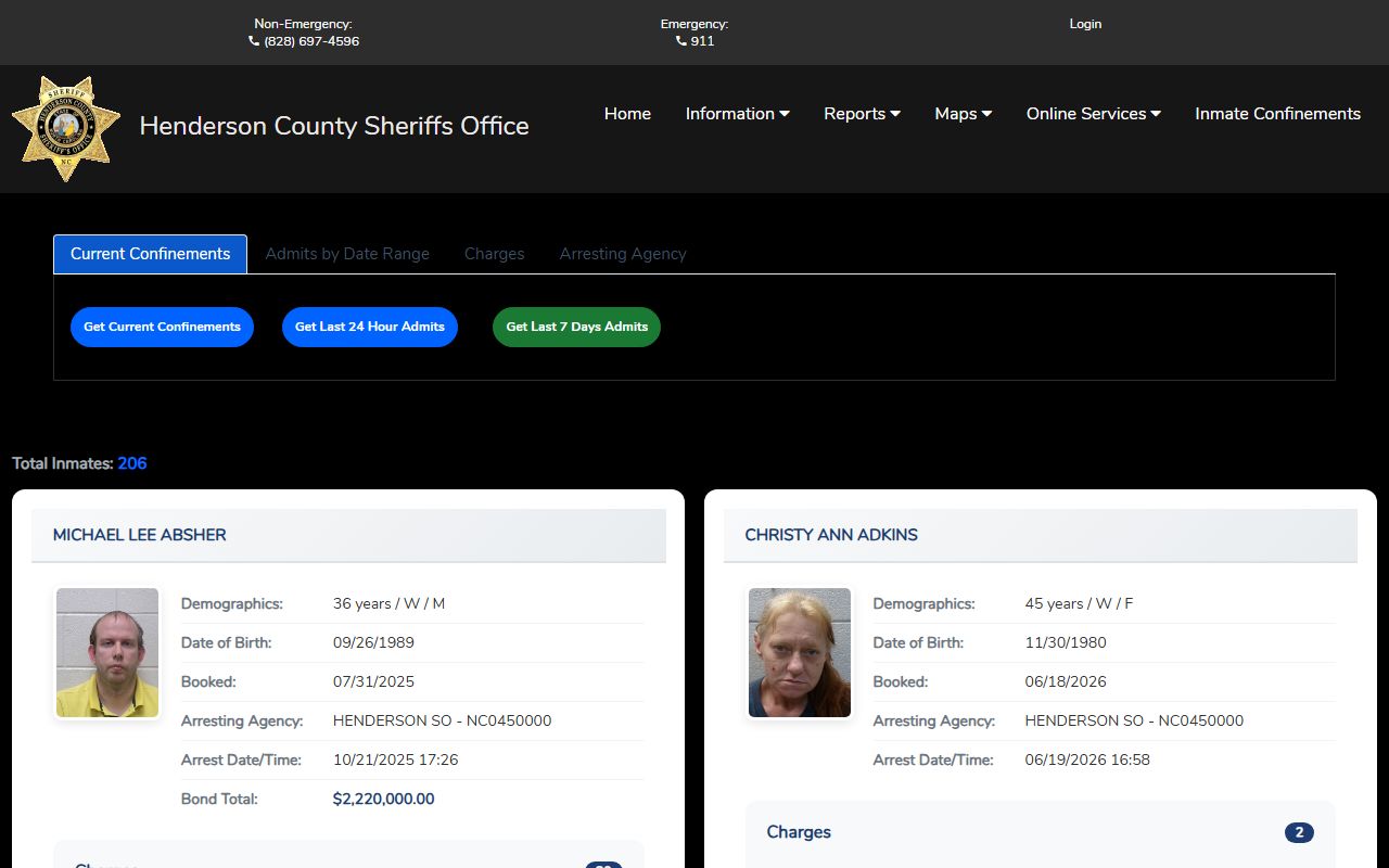 Henderson County jail roster inmate confinements search fields